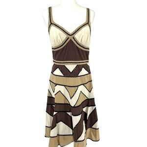 BCBGMAXAZRIA (8) brown geometric patchwork fit flare summer cotton strappy dress